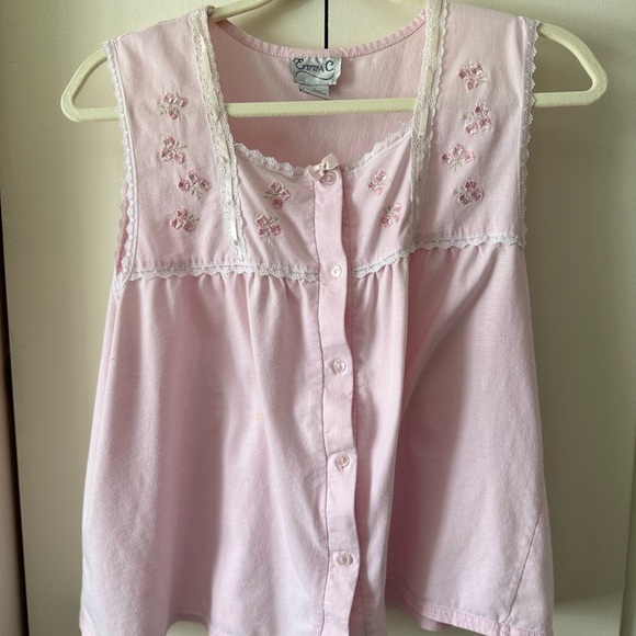 Vintage Other - Vintage CottageCore Pajama Set Pink Embroidered Lace Bow Ribbon Coquette